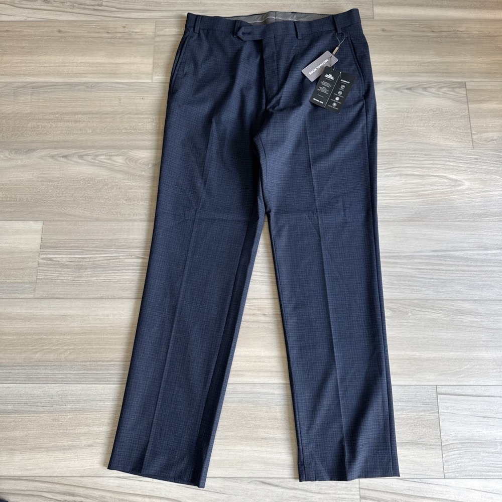 Michael Kors Mens Classic Fit Dress Pants 35x32 Dark Blue Check Stretch NWT